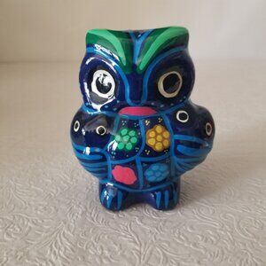 Vtg Hand Painted Tonala Folk Art Owl Incense Holder Burner 4.5" Blue Green Pink
